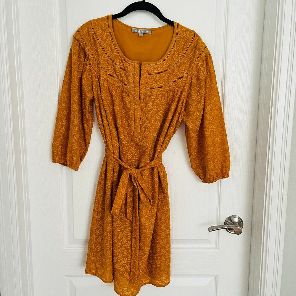 Anthropologie Daniel Rainn Mustard Yellow Embroidered Belted 3/4 Sleeve Dress